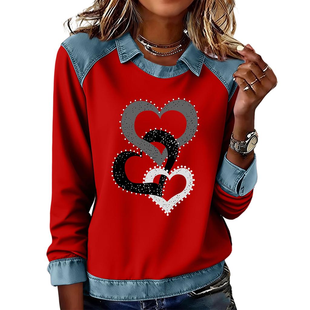 Women's Fashion Flared Long Sleeve Denim Patchwork Sweatshirt Valentine's Day Print Casual Pullover Top
