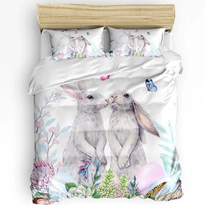 Lapin de Pâques Fleur Papillon Lapin Aquarelle Ensemble de Literie 3 pièces Pour Lit Double Textile de Maison Housse de Couette Housse de Couette Taie d'Oreiller