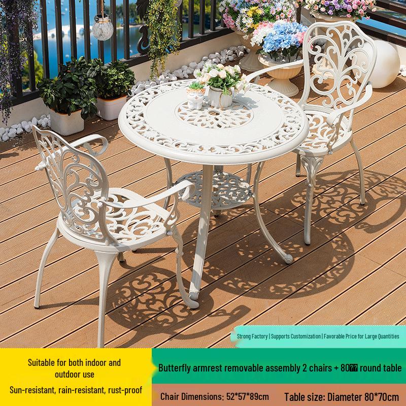 White Wrought Iron Cast Aluminum Outdoor Patio Table and Chairs Set - Waterproof Villa Courtyard Garden Balcony Furniture