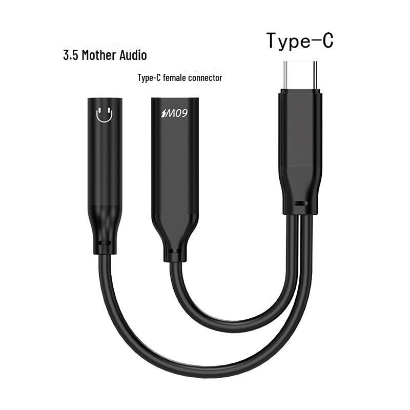 

60 Вт PD Быстрая зарядка Двойной Type-C Аудио Адаптер для iPhone 15 - Поддерживает Двое Цифровых Наушников Black Bare Cable 60W