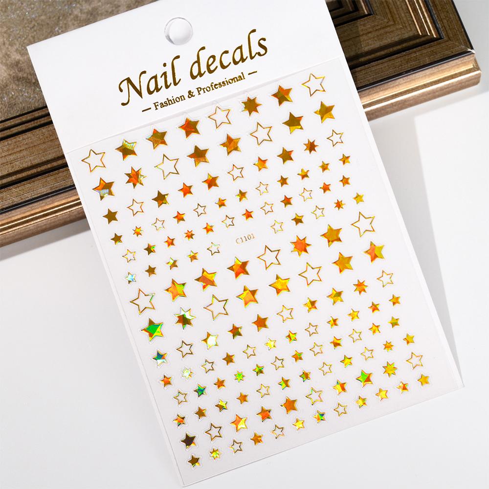 Black White Star 3D Nail Art Sticker Y2K Pentagram Self-Adhesive Decals Laser Shiny Glitters Starlight Manicure Ornaments Slider