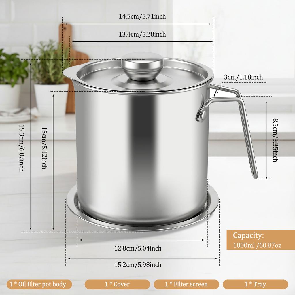 1.8 L /61 oz Fat Container Stainless Steel Oil Strainer Pot Container Jug with Filter Grease Fat Storage Can for Kitchen Cooking
