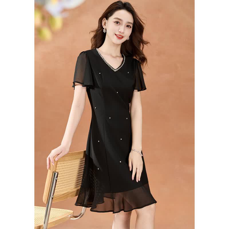Elegant V-Neck A-Line Midi Dress with Spliced Design