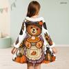 Girls High Neck Long Sleeve Halloween Black Cat Pumpkin Printed Fuzzy Trim A Line Dress