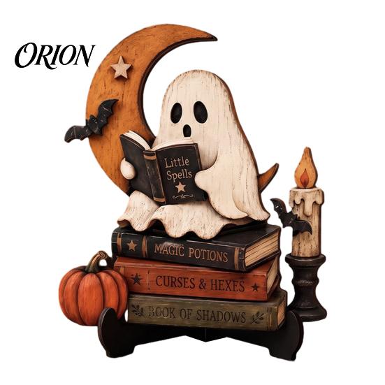 Niche Gothic Room Accessories Halloween Reading Ghost Figurine, Retro Wooden Statue, Vintage Desktop Bookshelf Decor Ornament with Stacked Book