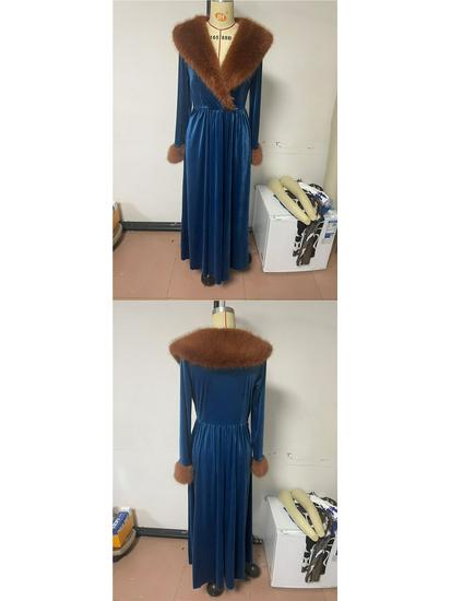 2026 European & American Women's Thick Velvet Long Sleeve Fur Collar Dress
