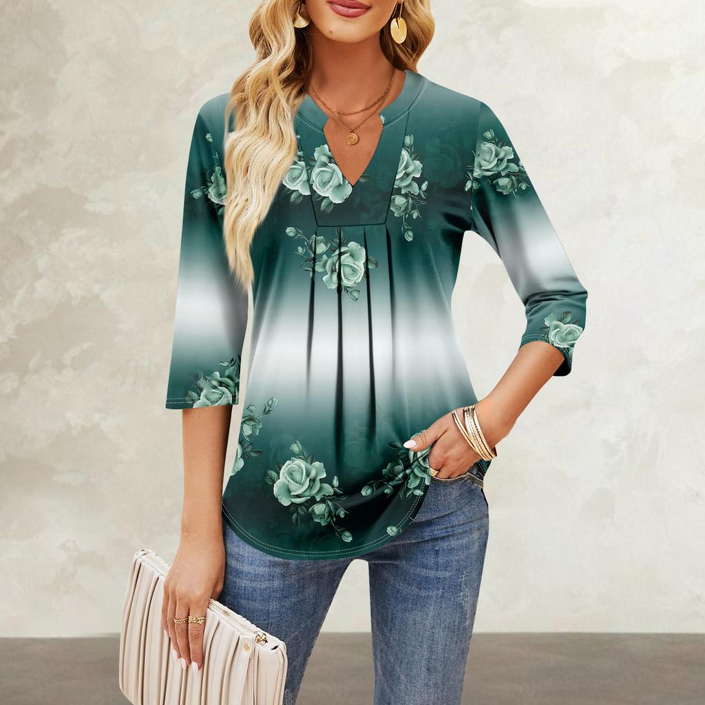Damen-Oberteile mit Siebenviertel-Ärmeln, lässig, V-Ausschnitt, Rüschen auf der Brust, Druck, lockere T-Shirt-Oberteile