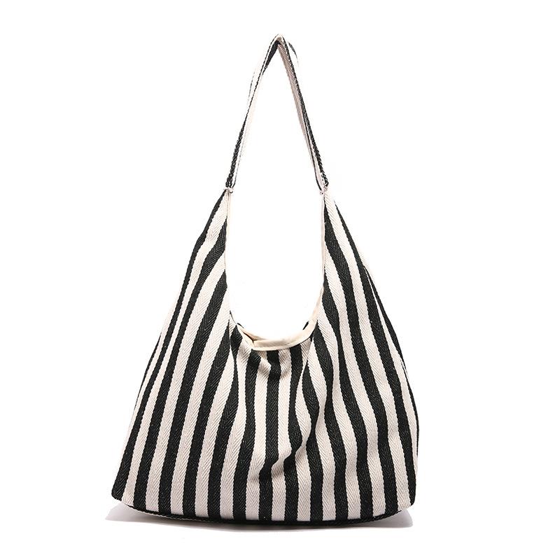 Canvas Bag Women's Large Capacity 2025 New Autumn Leisure Shoulder Shopping Bag Striped Class Tote Bag