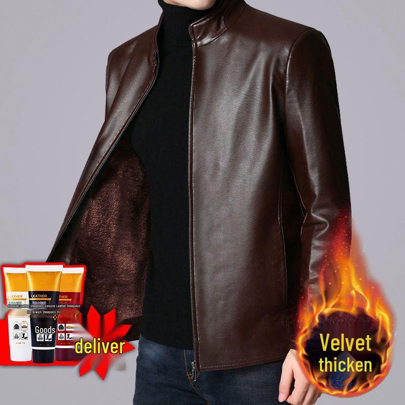 2024 Men's Fleece-Lined & Thin Style Winter Leather Jacket for Middle-Aged and Elderly