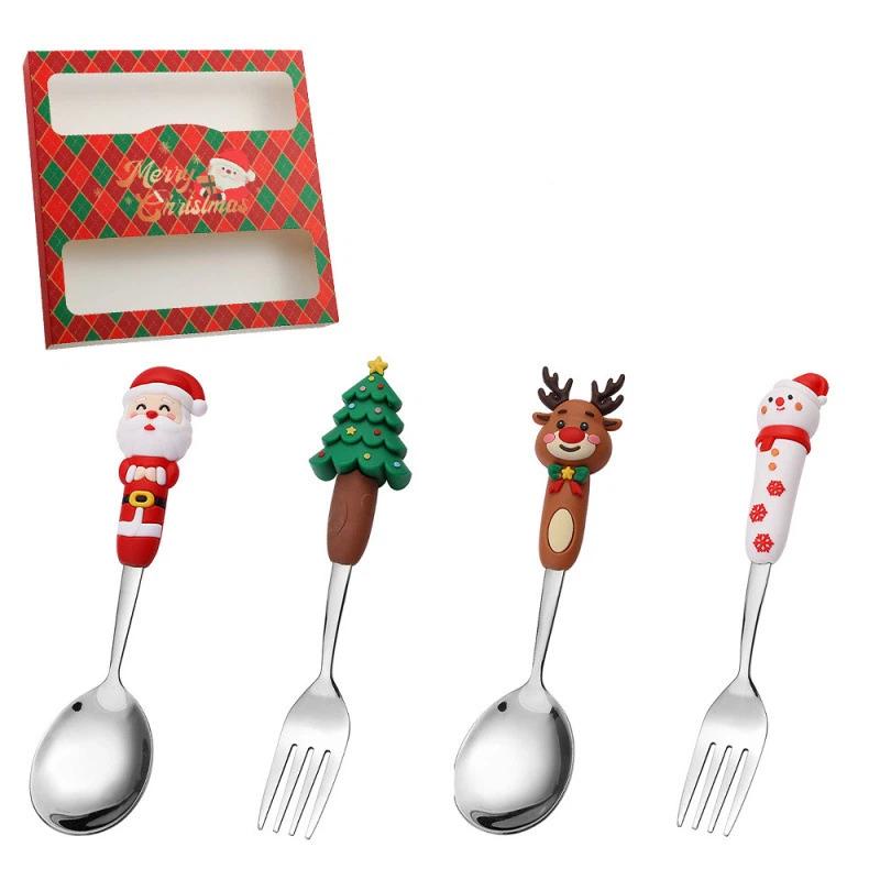 Kalėdinių šaukštelių rinkinys Kūrybingas stalo įrankių rinkinys Animacinis Kalėdų eglutės desertinis šaukštelis Šakutė Dovanų dėžutė