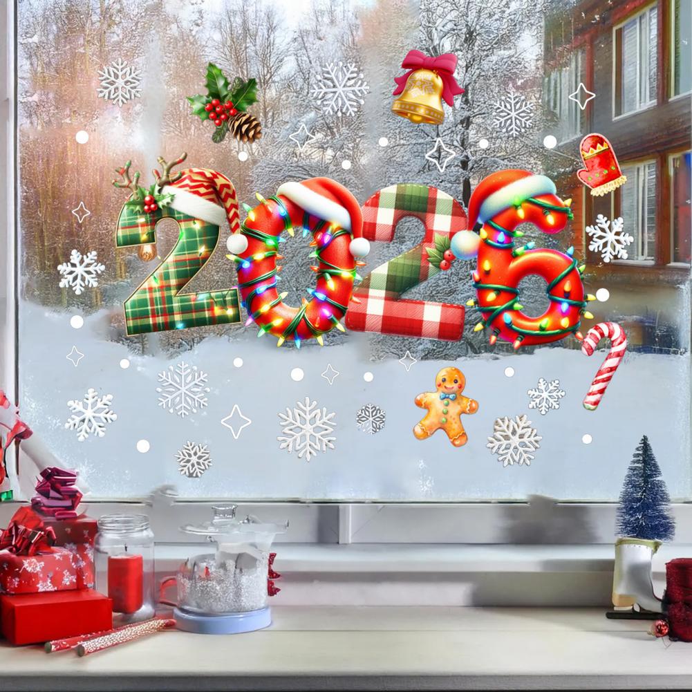 Weihnachtsglasaufkleber Krücke Schneemann Baum Süßigkeiten Hut Glocke Design Wasserdicht PVC Fenster Tür Spiegel Aufkleber