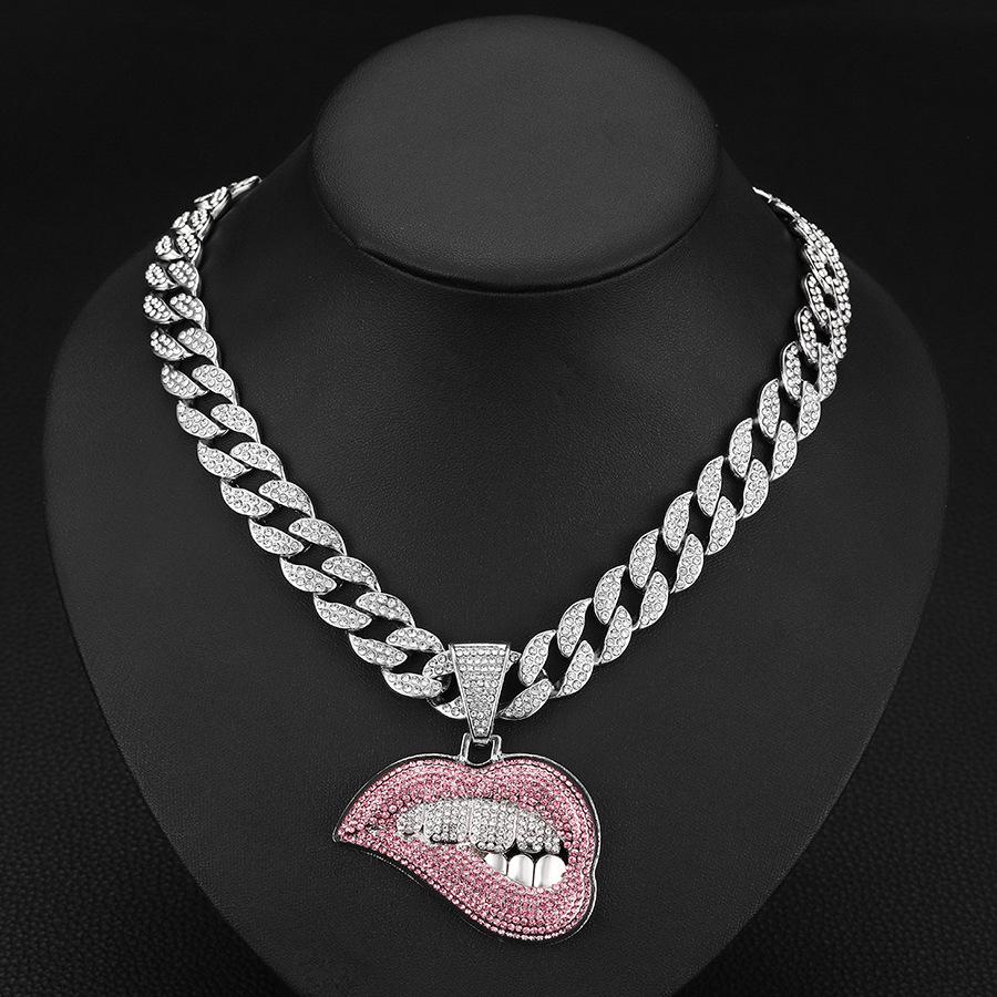 Colorful Diamond Lip Bite Pendant Hip Hop Cuban Chain Necklace