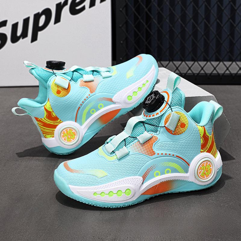Boys' sports shoes new leather surface children's basketball shoes medium and large children's rotating buckle boys' running shoes do not stink feet 