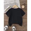 European Size Boys Black T Shirt Casual Summer Fashion with Pink Letter Print Comfy Short Sleeve Crew Neck
