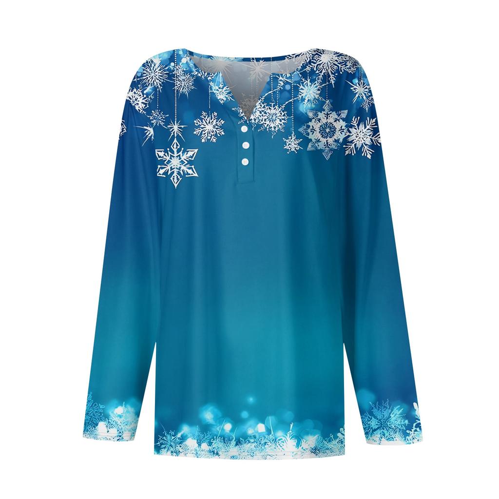 Women's T Shirt Tee Christmas Printed Button Long Sleeve Tunic Daily Weekend Fashion Basic V- Neck Regular Top