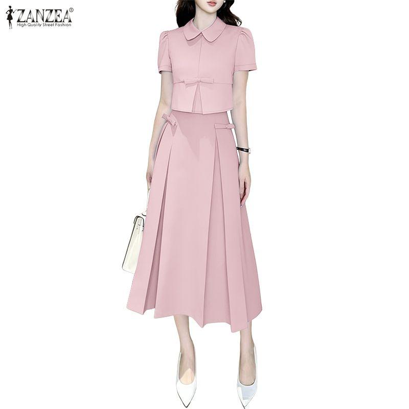 ZANZEA Women Short Sleeve Blouse and Midi Skirts Casual Two Piece Suit Sets