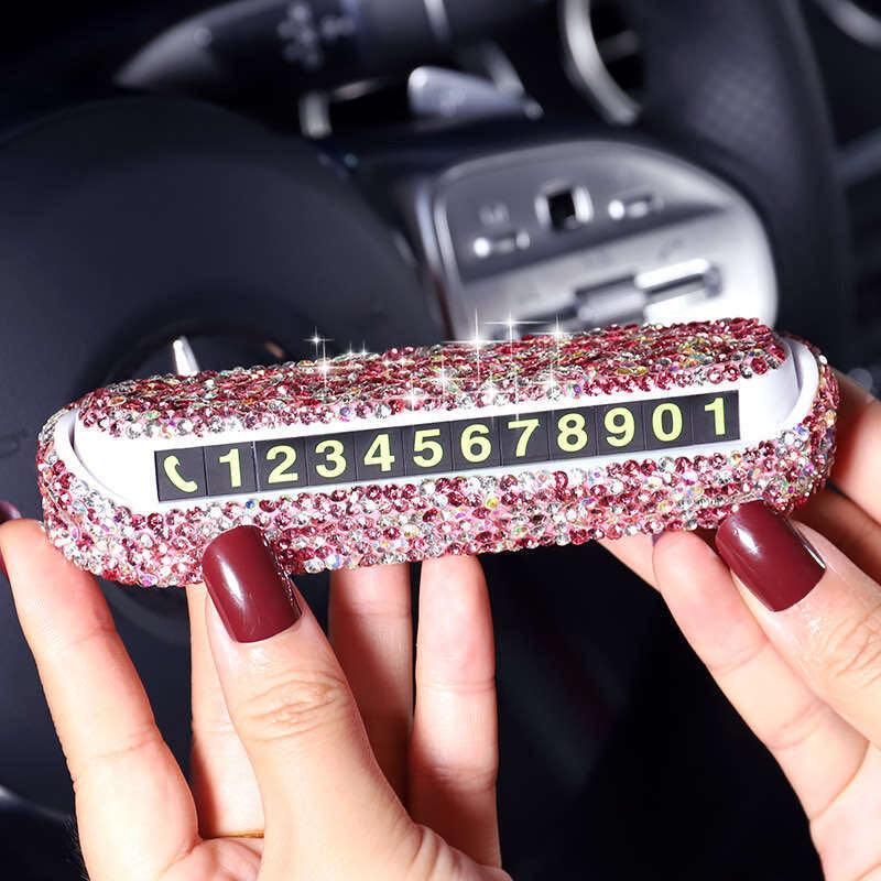 Car Luminous Stealth Lady Cute Diamond-Studded Rhinestone Mobile Car Number Plate Interior Accessories Parking Number Card