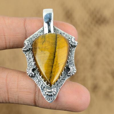 Natural Tiger's Eye 925 Sterling Silver Art Deco Engagement Boho Unique Pendant