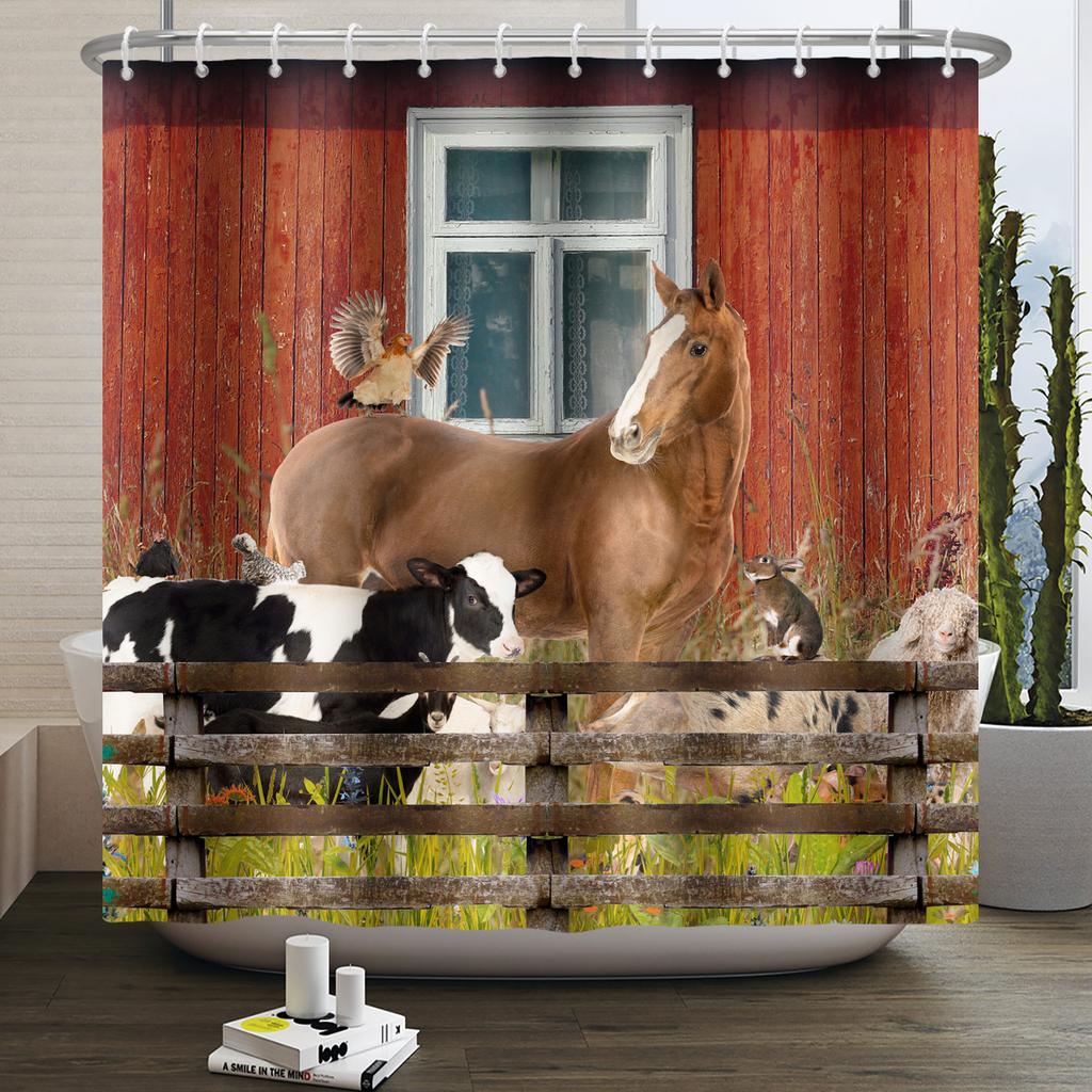 Bauernhoftiere Duschvorhang Niedlich Lustig Kuh Huhn Schwein Blume Pferd Holz Bauernhaus Scheune Rustikal Duschvorhang für Badezimmerdeko