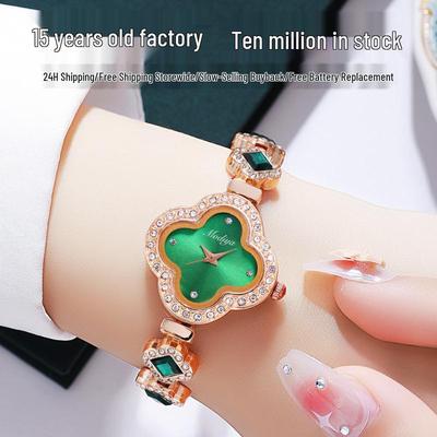 Available Women's Luxury Green Quartz Watch with Diamond-Set Four-Leaf Clover Design and Bracelet.
