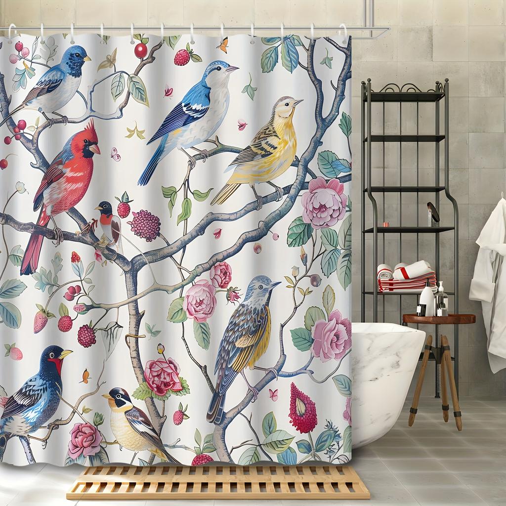 1pcs Chinese Classical Floral Elegant Flower and Bird Painting Shower Curtain Decorative Printed Shower Curtain Polyester Fabric