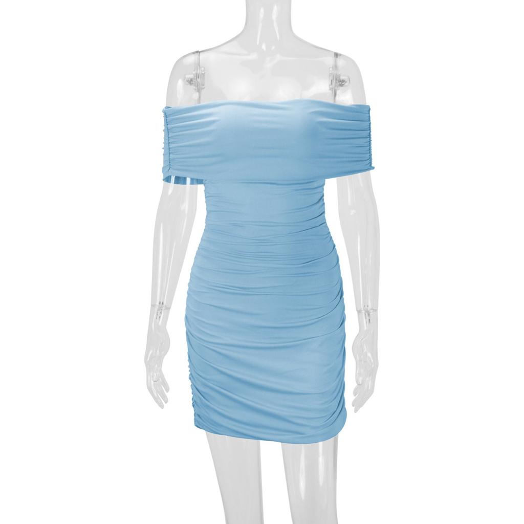 Women's Fashionable Summer Mid- Color One-shoulder Pleated Hip Wrap Dress