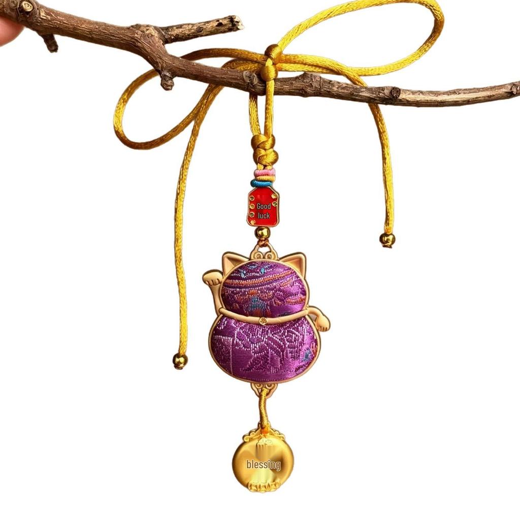 Lucky Cat Car Pendant: New Style Brocade Peace Charm for High-End Car Interiors