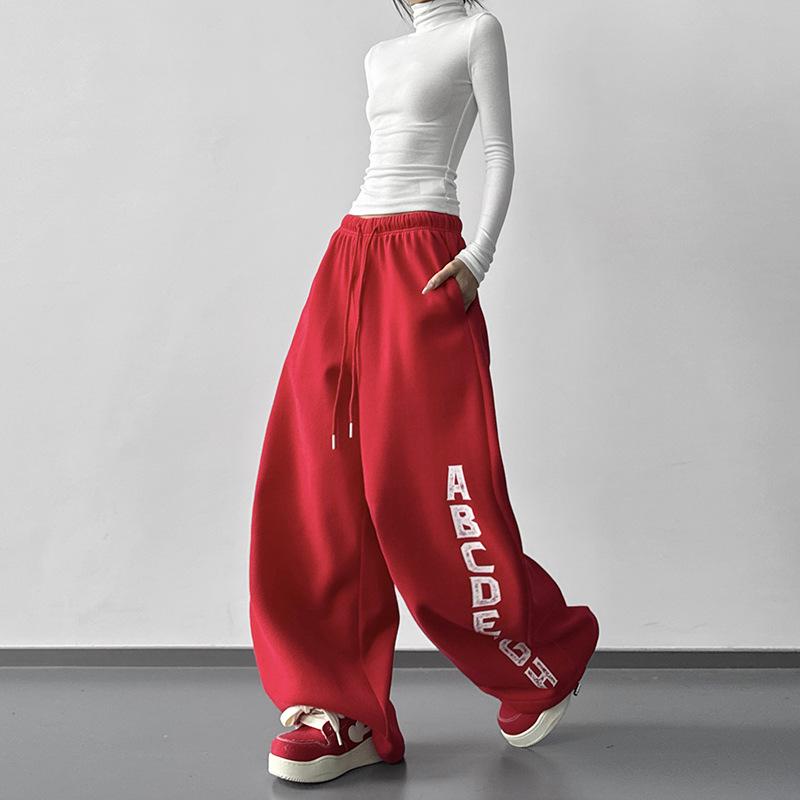 2025 Winter Fleece-Lined Women s Wide-Leg Hip-Hop Red Print Sweatpants L