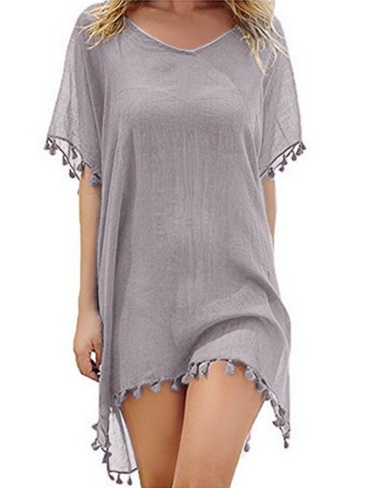 Women's Round-neck Loose Small Broom Fringed Chiffon Dress Beach Coverall Large Size Sexy in Stock