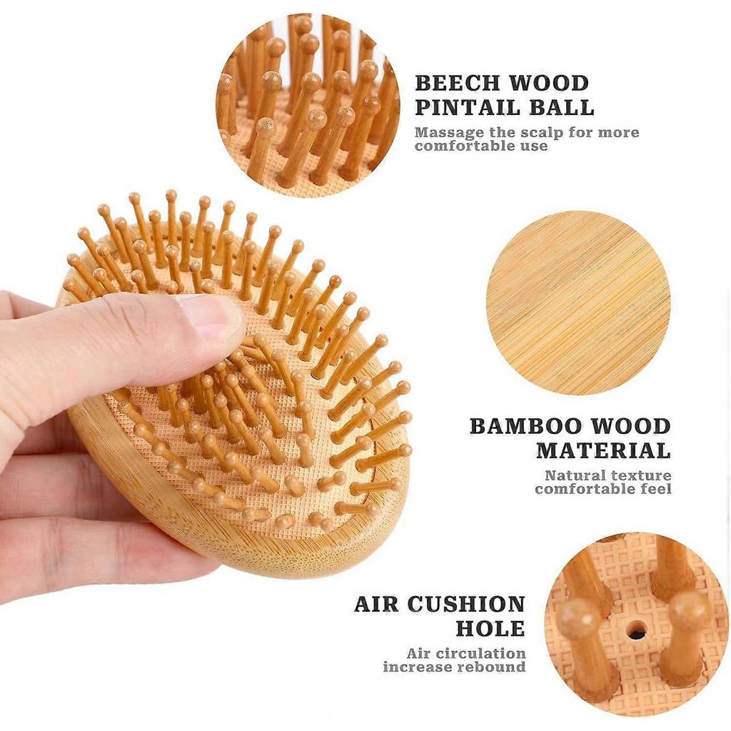 Bamboo Scalp Massager Brush for Hair Growth Mini Round Hairbrush with Natural Bamboo Bristles & No Handle Design | Anti-Static Wooden Pins for Detang