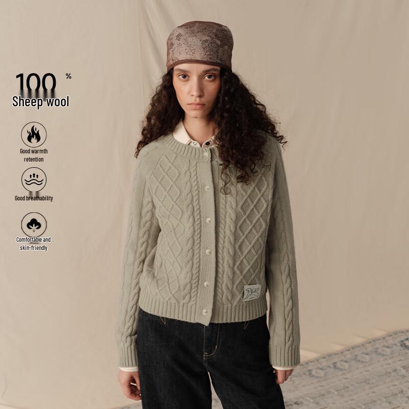 GREEN BELT Women's 2025 Winter 100% Wool Cable Knit Cardigan