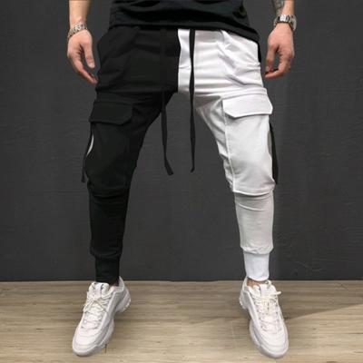 Men Cargo Pants Drawstring Elastic Waist Loose Multi Pockets Contrast Color Soft Ankle-banded Sports