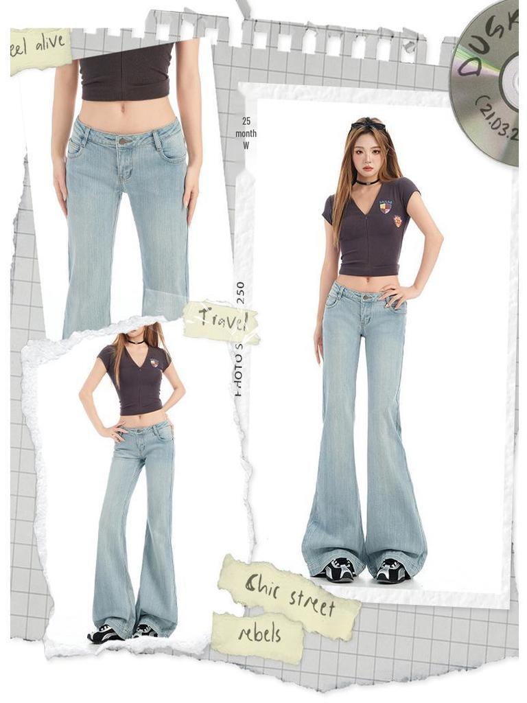 Light Blue Women's Retro Low Waist Micro Flare Jeans with Bamboo Texture - Elastic and Slimming Hot Girl Style
