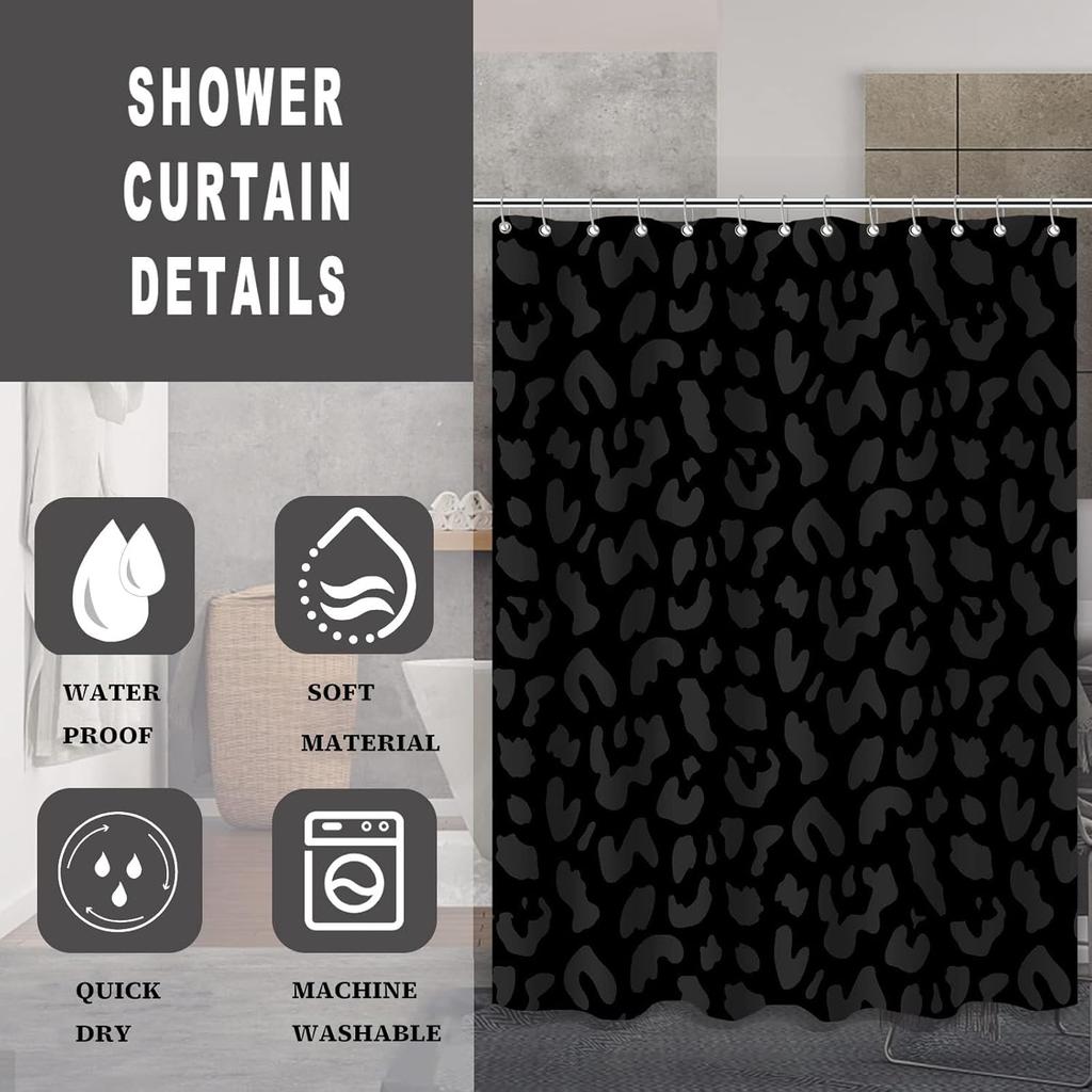 Leopard Cheetah Shower Curtain (72" x 72"), Black Leopard Cheetah Print Shower Curtain,Polyester Fabric Print Shower Curtain Set for Bathroom with 12
