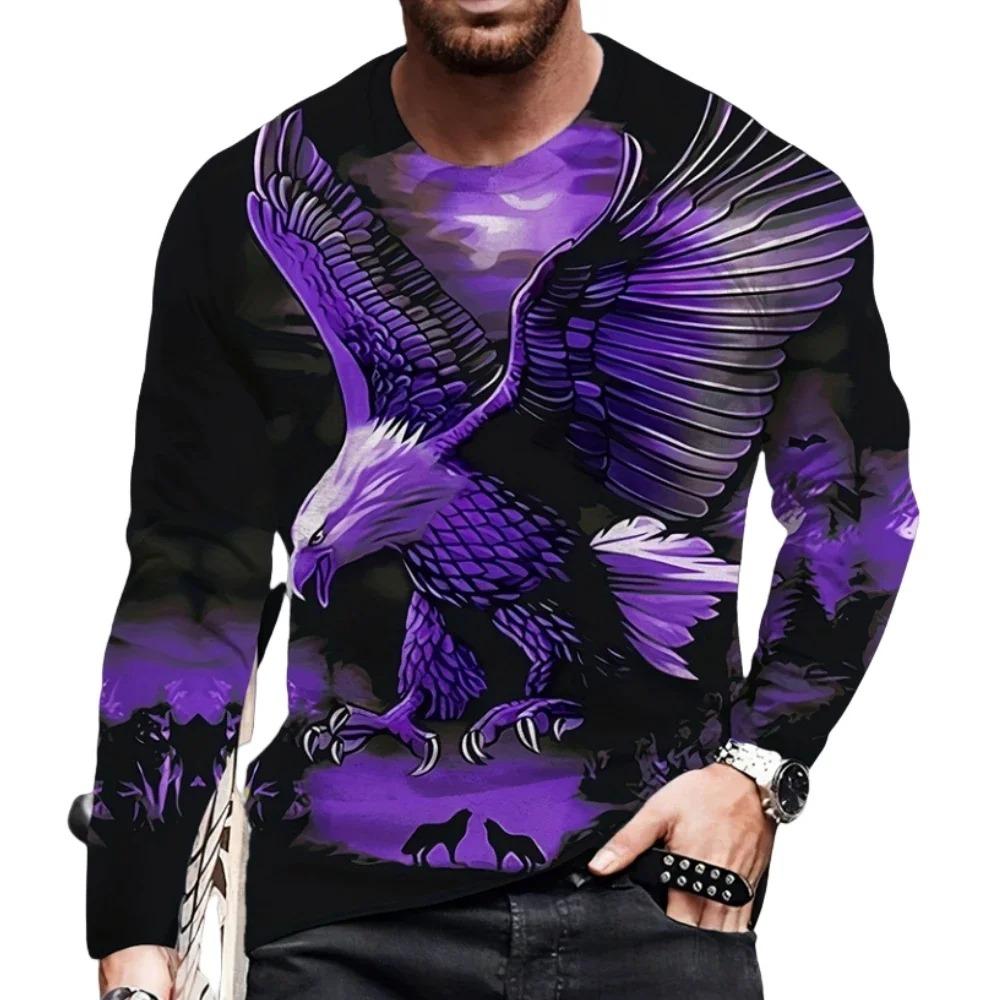 Street trend 3D eagle print men's casual round neck long sleeved T-shirt