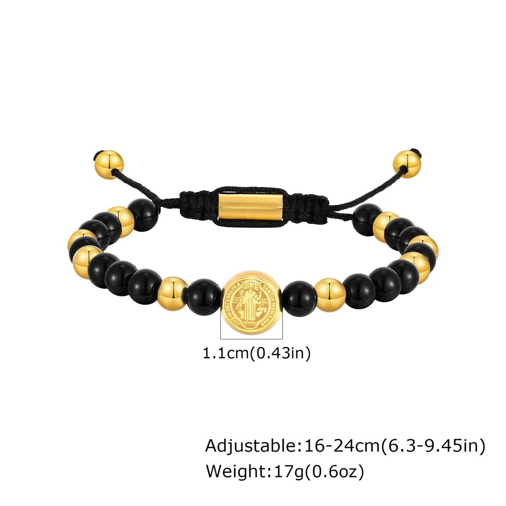 Tigerauge-Achat Naturstein Handgefertigtes Perlenarmband für Herren, Edelstahl Heiliger Benediktus Armband, Religiöser Gebetsschmuck