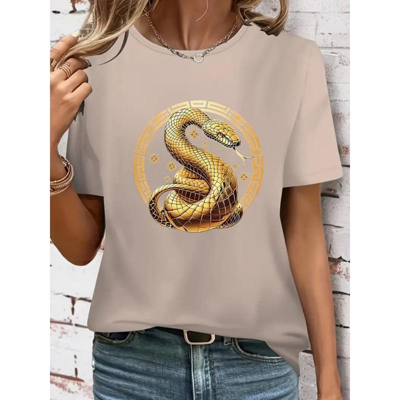 Summer Women's T-Shirt Vintage Casual Serpentine Print Fashion O Neck Pullover Short Sleeve Printed Loose Daily Tops Large Size Design Clothe