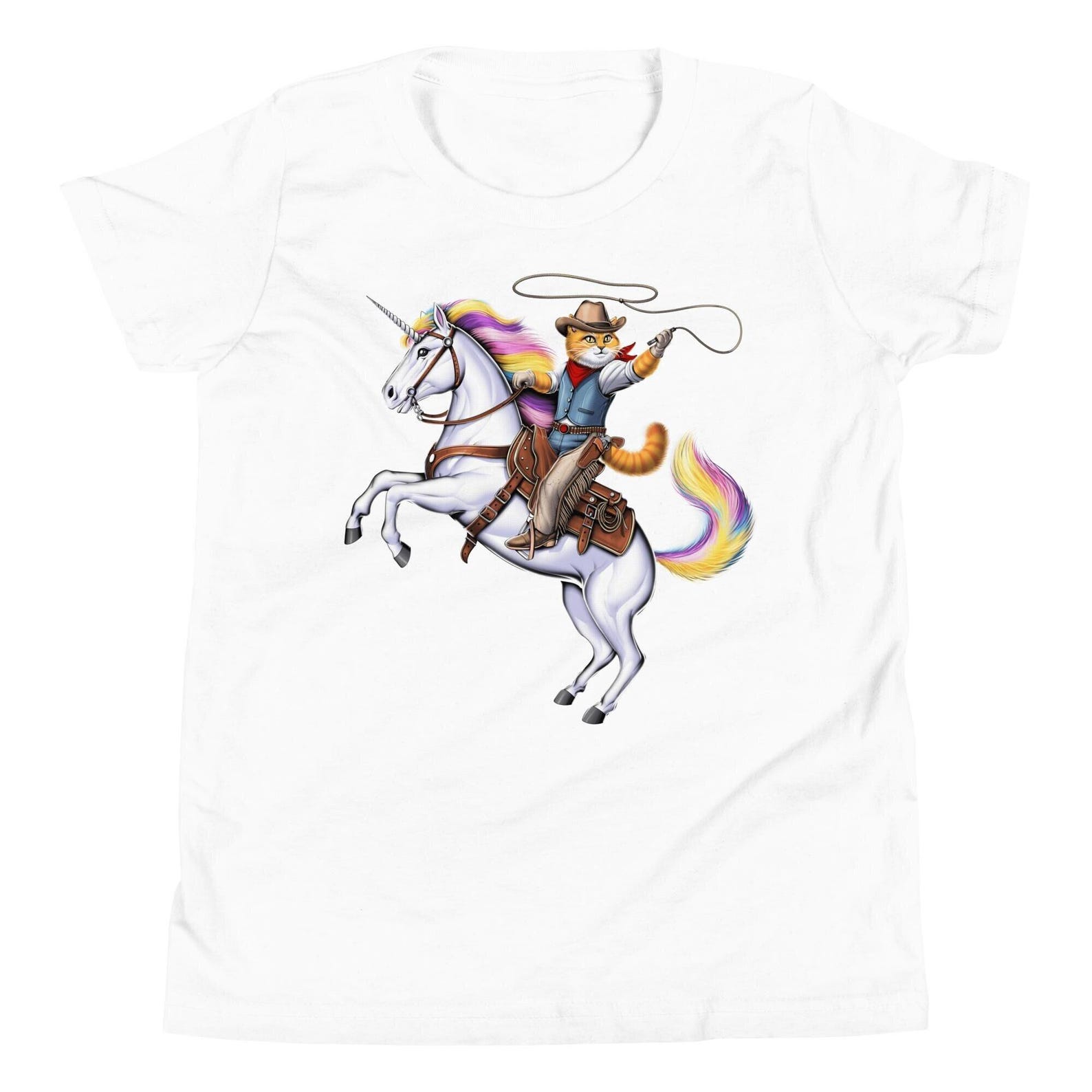 Cat Cowboy Riding Unicorn Kids T-Shirt: Funny Western Rodeo Tee 140