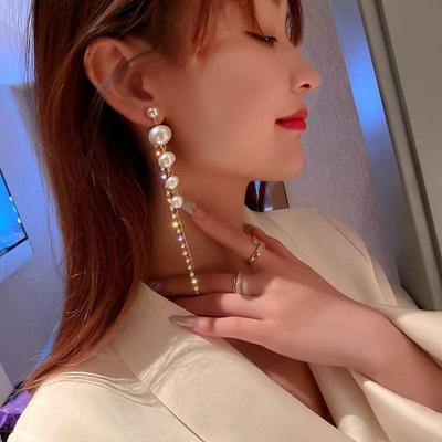 Luxury Temperament Long Tassels Rhinestone Chain Pearl Dangle Earrings for Women Bride Wedding Party Designer Earrings Jewelry