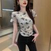 Design Butterfly Print Pleated Short-sleeved T-shirt Women's Summer New Slim and Thin Short Student Top Trendy