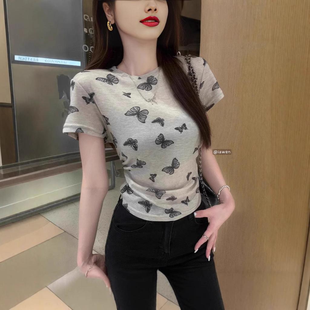Design Butterfly Print Pleated Short-sleeved T-shirt Women's Summer New Slim and Thin Short Student Top Trendy