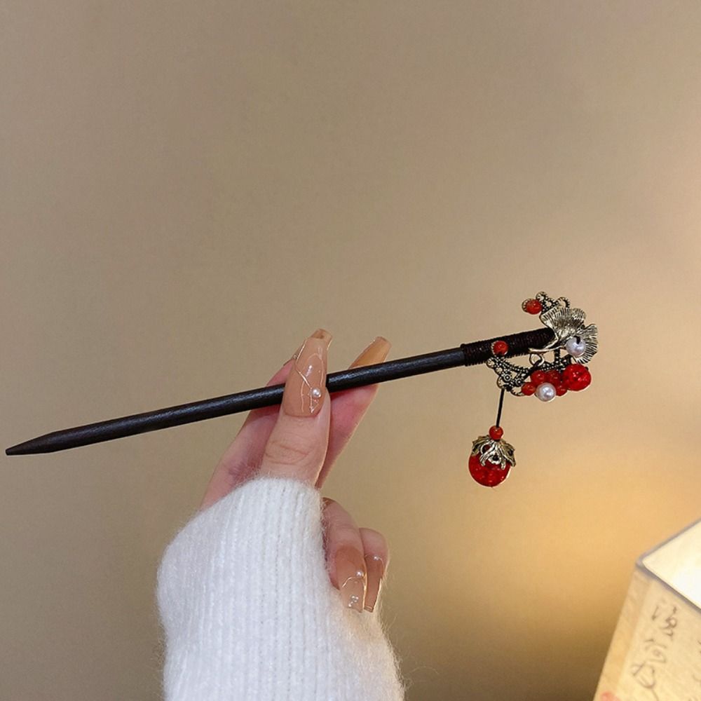 Vintage Red Rose Fringe Hairpin Fashion Chinese Hairpin Headwear Retro Red Hair Stick  Disk Hair