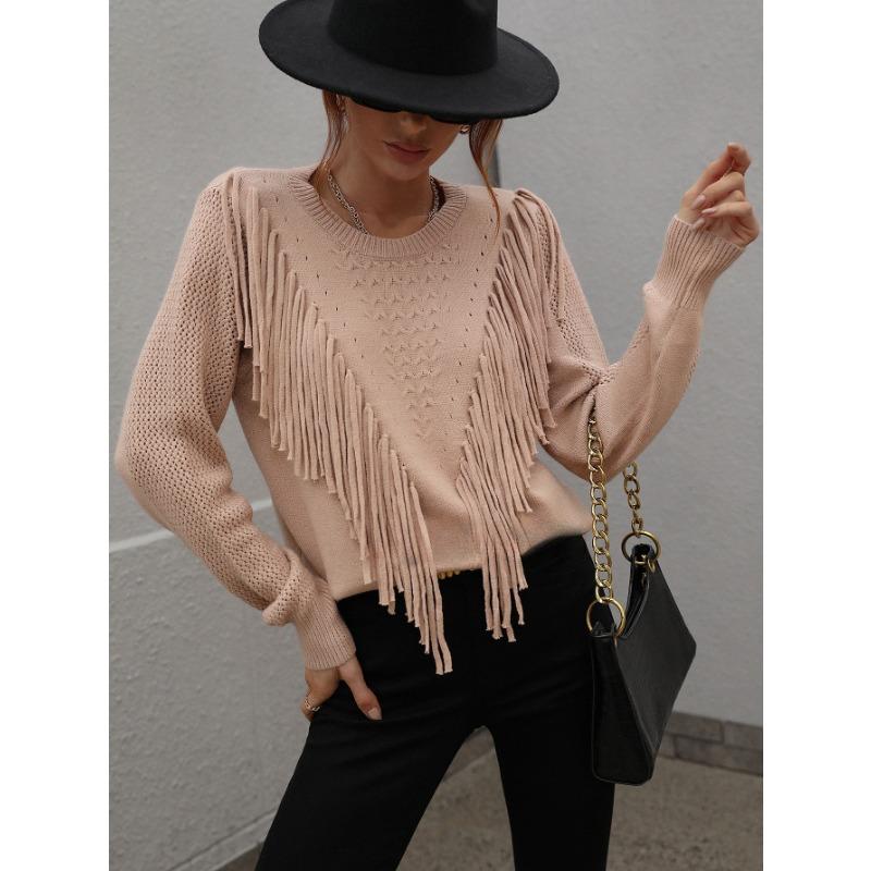 

Женский элегантный вязаный крючком топ в ближневосточном стиле с бахромой - Полупрозрачная эластичная футболка с круглым вырезом и длинными рукавами для весны/осени на каждый день L