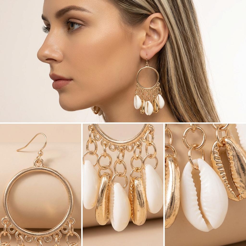 Bohemian Shell Starfish Turquoise Bead Large Hoop Earrings for Women Metal Conch Seashell Circle Dangle Earring Vacation Jewelry