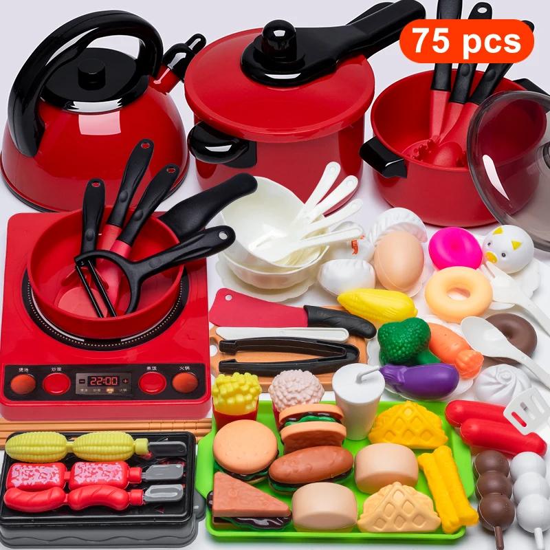 85 Pcs Simulation Kitchen Toys Set Cookware Fruits Cutting Kitchen Accessories Cooking Toys for Kids Girls Children Kitchen Toys