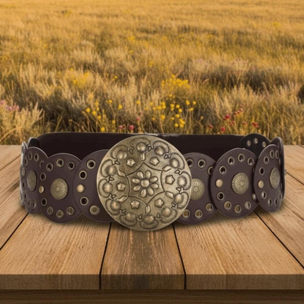 Zinc Zinc Alloy Ethnic Style Rivet Belt Y2K Disc PU Hollow Waistband Vintage Concho Wide Belt Waist Seal