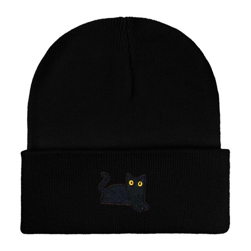 Stretchy And Lightweight Knit Beanies Embroidered Black Cat Knit Hat For Women Men Winter Warm