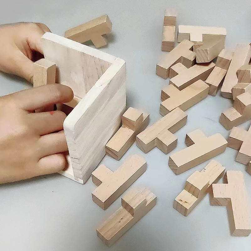 Wooden Brain Teaser Puzzles Cube T Shaped Logic Jigsaw Educational Toys for Kids and Adults IQ Test Fun Challenge