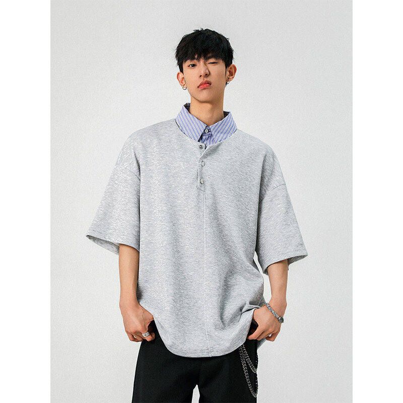 Dongjie Nologo Summer Two-Piece Patchwork Striped Lapel Short-Sleeve T-Shirt for Men, Bai Jingting's Goodbai Top