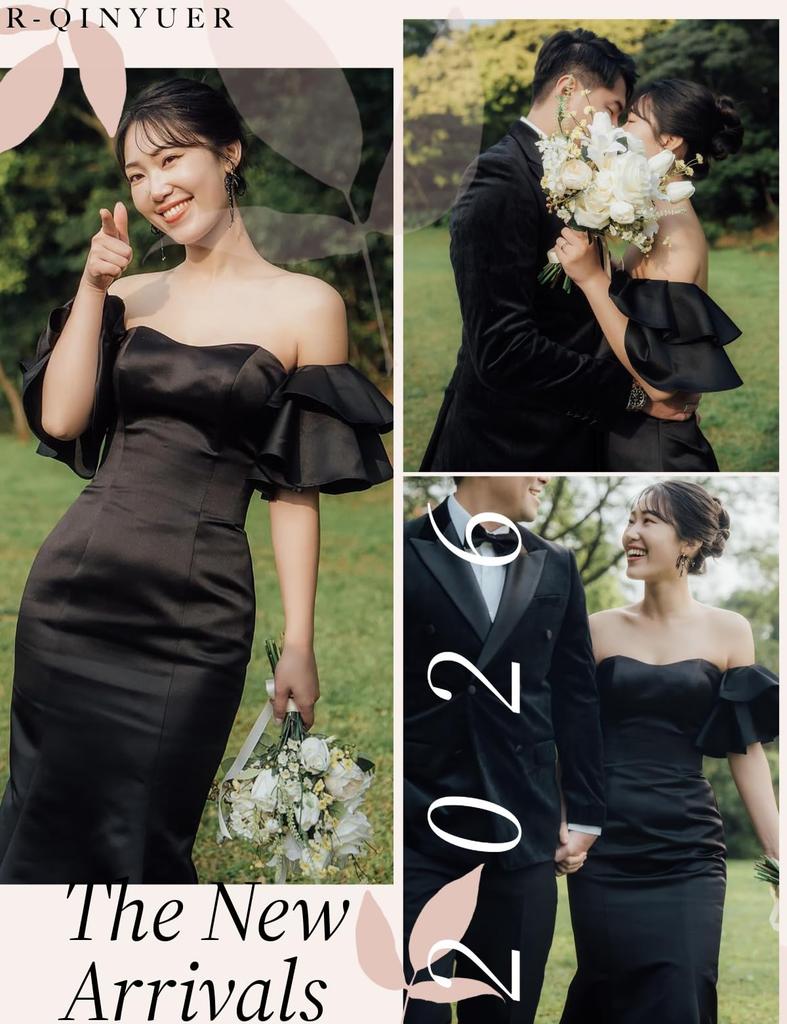 Party Bustier Meerjungfrau Hochzeit Abend Fotoshooting Braut Hochzeitskleid [R-QINYUER] Schulterfreies Kleid, Stil, Schwarz, Kleid, Schleppe, Kleid, Kleid,